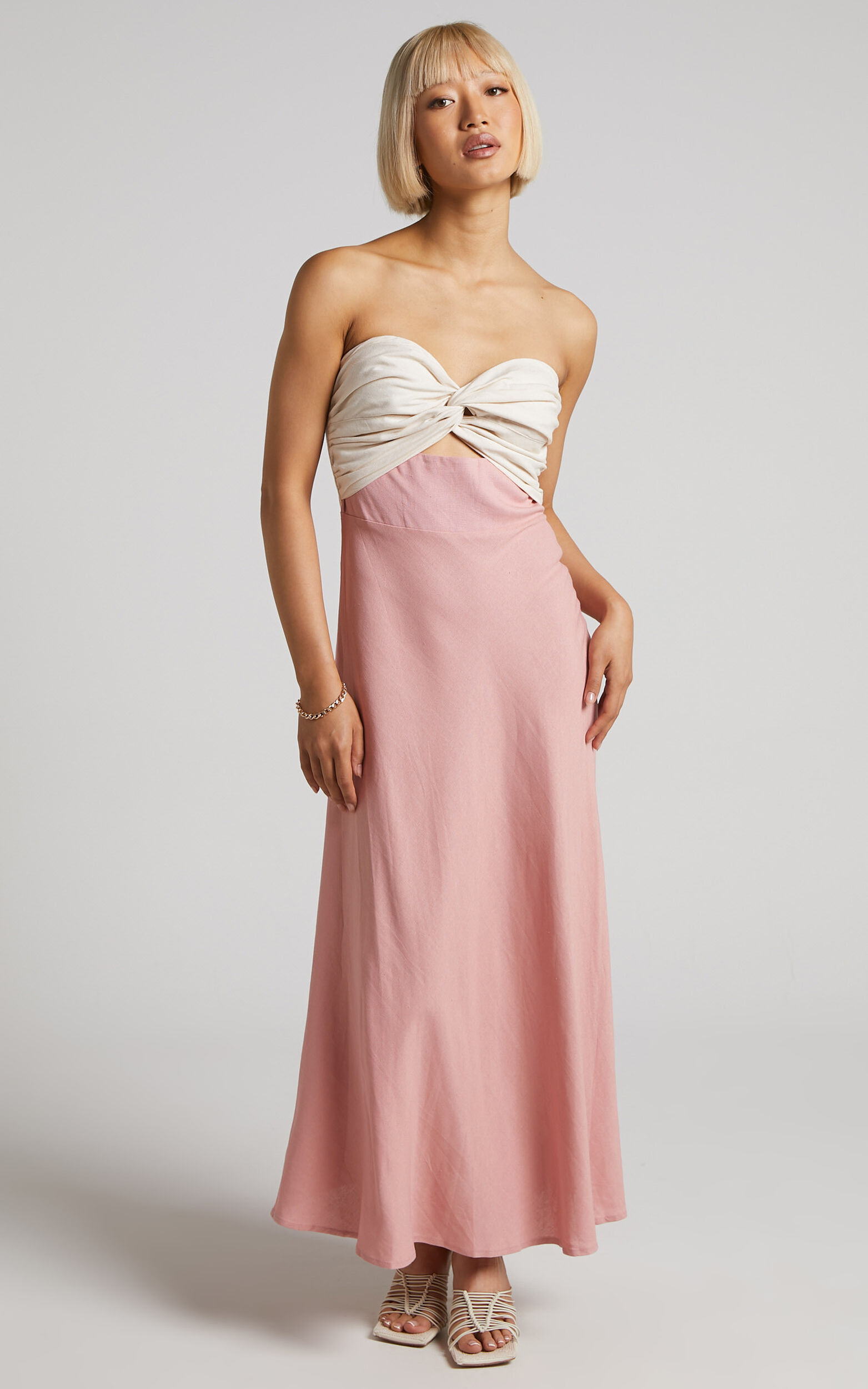 Jaqueline Maxi Dress - Two Tone Twist Front Strapless Sweetheart Dress in White & Pink - 06, WHT1