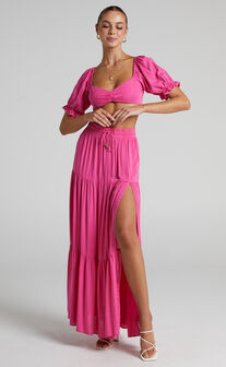 Yesha Puff Sleeve Crop Top and Tiered Midi Skirt Two Piece Set in Hot Pink
