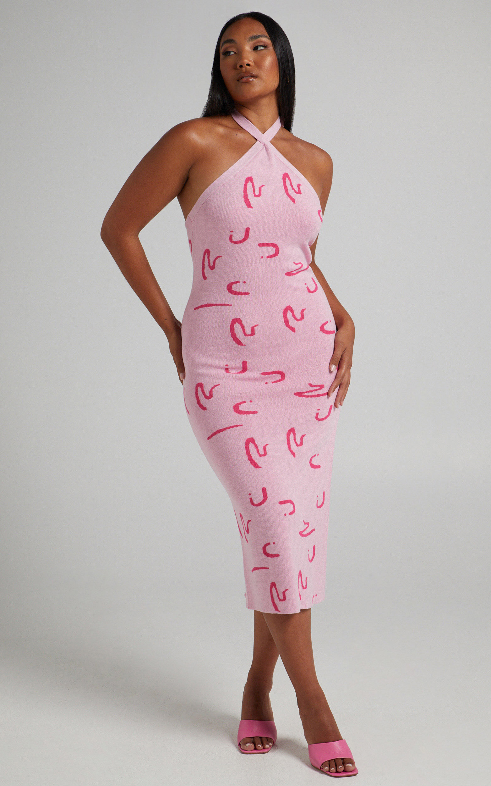 Jenni Tie Up Halter Knit Midi Dress in Pink Print - 06, PNK1, super-hi-res image number null