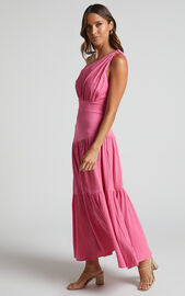 Celestia Midi Dress - Tiered One Shoulder Dress in Bright Pink | Showpo USA