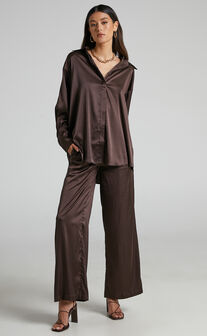 Trianna Two Piece Set - Oversized Satin Shirt and Wide Leg Pants in Chocolate