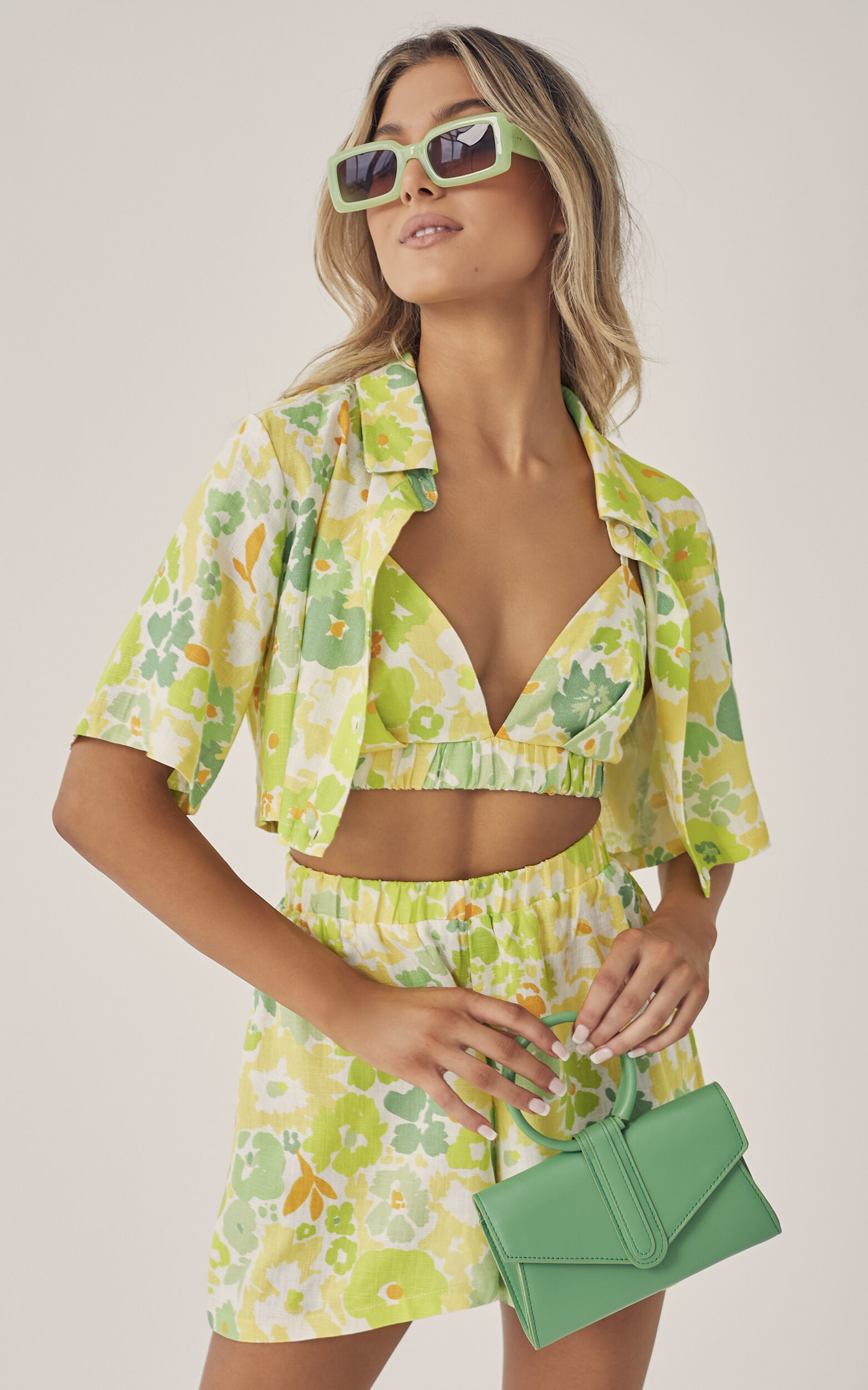 Nikoletta Collared Shirt Three Piece Set in Pine Lime Print - 04, GRN1, super-hi-res image number null