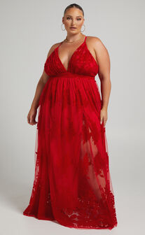 Marissa Velvet Applique Tulle Plunge Maxi Dress in Red