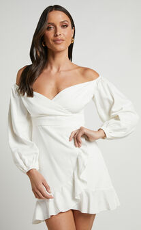 Can't Move On Mini Dress - Linen Look Off Shoulder Dress in White Linen Look