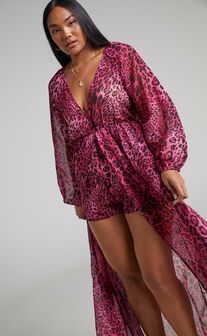 Aziza Playsuit Deep V Maxi Dress in Pink Leopard