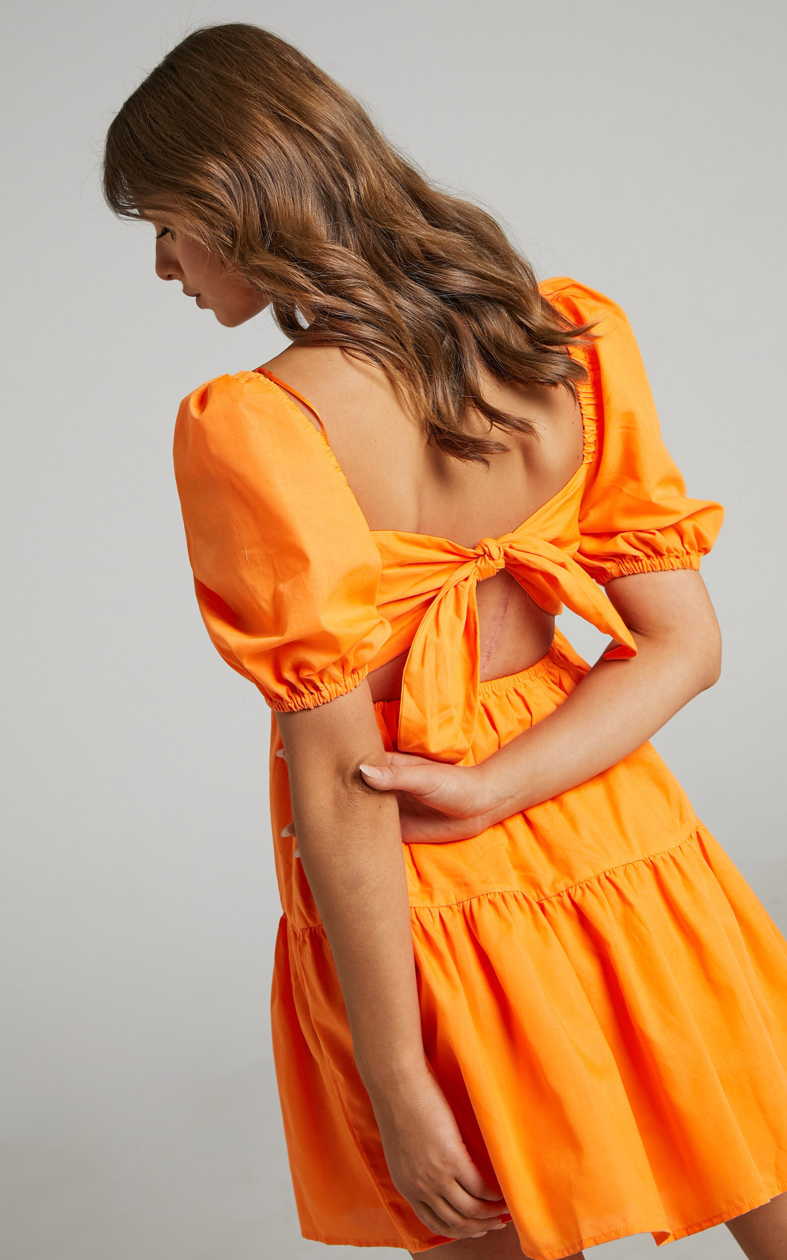 Hazel Short Sleeve Tiered Tie Back Smock Dress in Orange - 06, ORG2, super-hi-res image number null