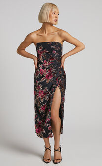 Jessell Midi Dress - High Split Strapless Dress in Black Floral