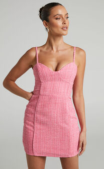 Bjorn Mini Dress - Bust Cup Sweetheart Boucle Tweed Dress in Hot Pink
