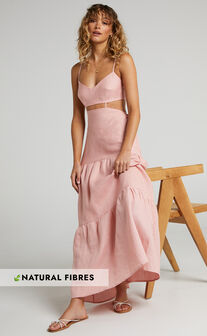 Amalie The Label - Rozelle Linen Cut Out Tie Back Maxi Dress in Dusty Pink