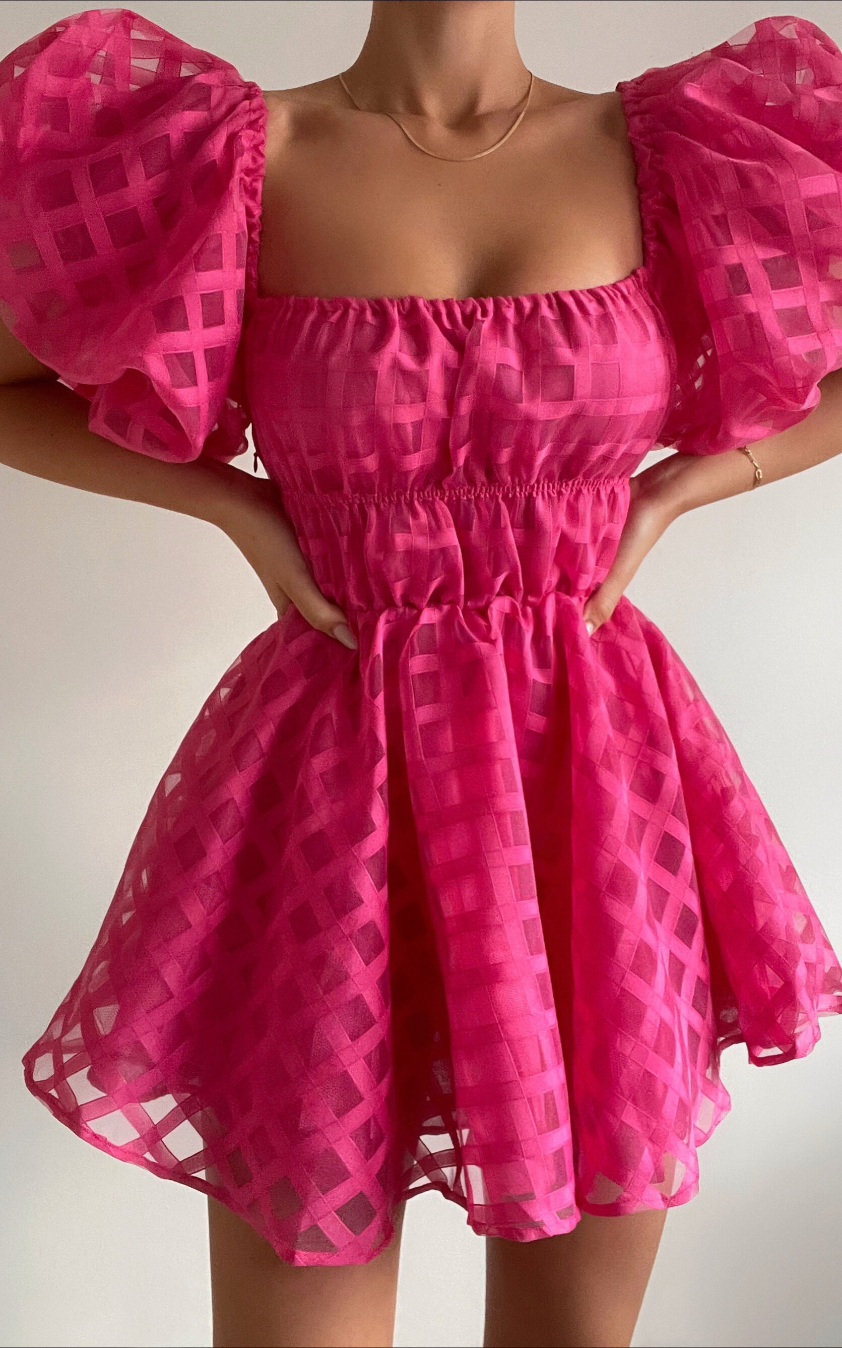 Paloma Mini Dress - Off Shoulder Puff Sleeve Textured Net Dress in Hot Pink - 06, PNK1, super-hi-res image number null