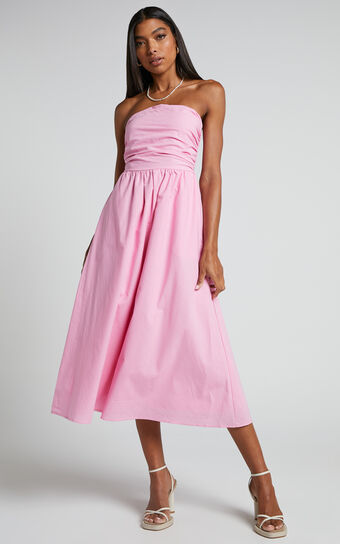 Isidora Midi Dress - Strapless Gathered Bust Dress in Candy Pink