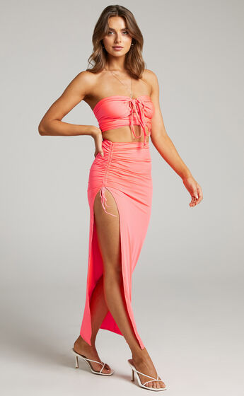 Vanessa Slinky Ruched Two Piece Set in Hot Pink