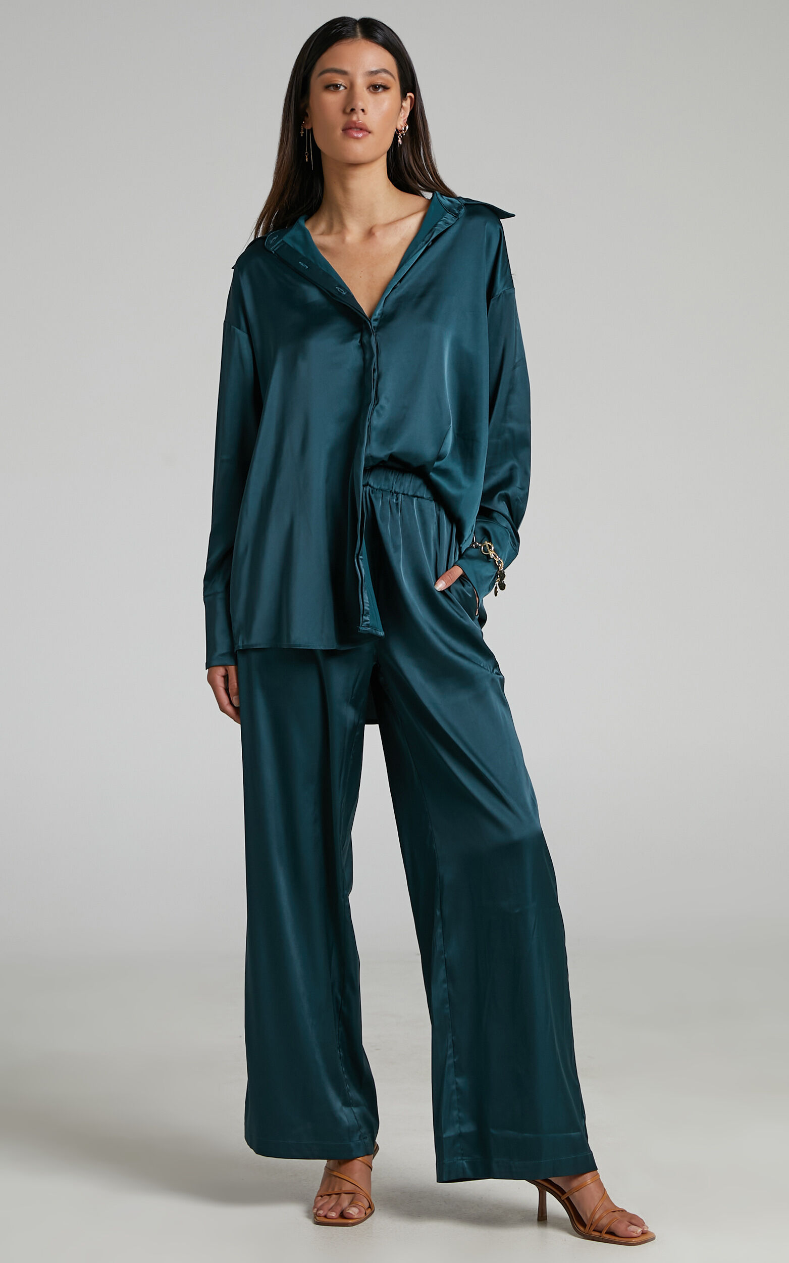 Trianna Two Piece Set - Oversized Satin Shirt and Wide Leg Pants in Forest Green - 04, GRN2, super-hi-res image number null