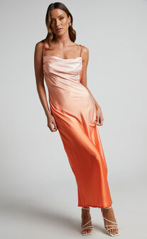 Ondine Midi Dress - Cowl Neck Satin Midi Dress in Peach Sunrise