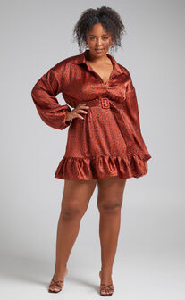 Cooma Belted Long Sleeve Collared Mini Dress in Copper Spot