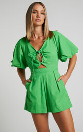 Khirara Playsuit - Tie Front Cut Out Puff Sleeve Playsuit in Green ...