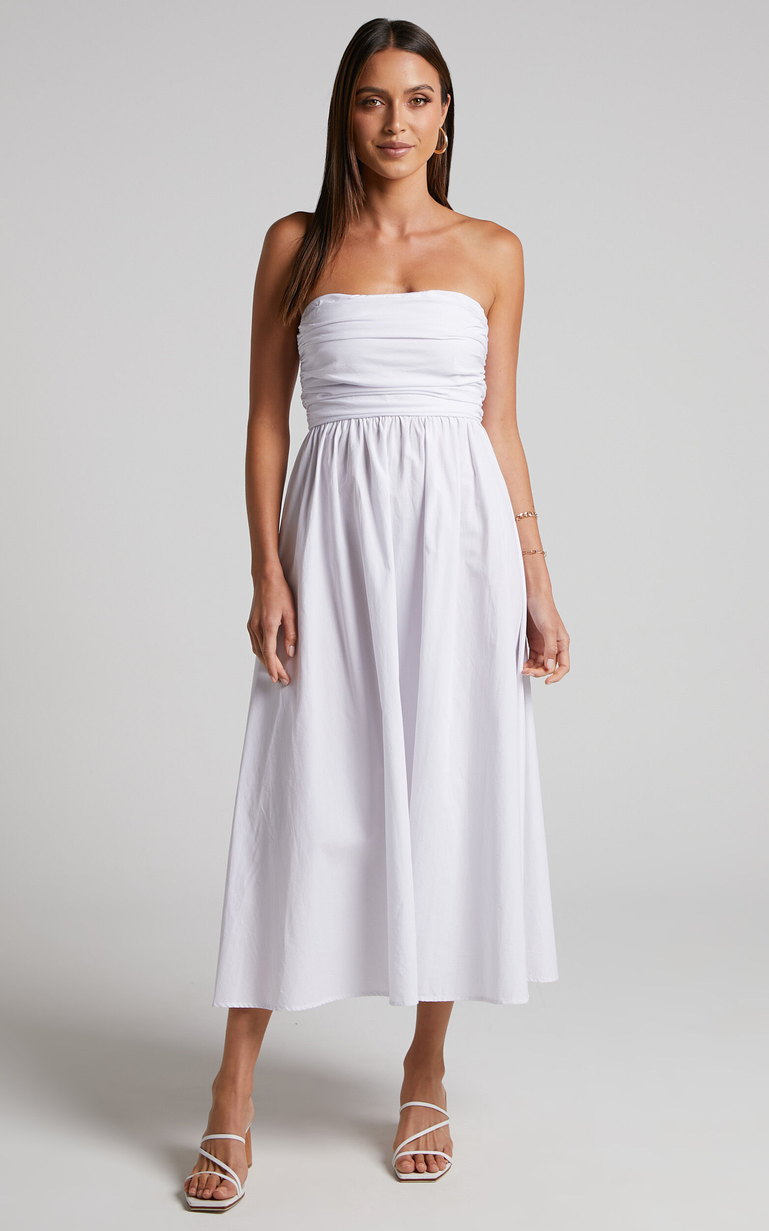 Sula Midi Dress - Ruched Bust Strapless Dress in White | Showpo USA