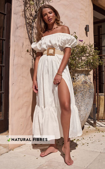 Amalie The Label -  Junabelle Linen Off Shoulder Midi Dress in White