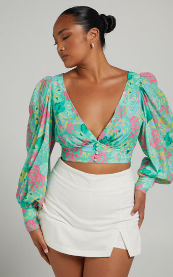 Mekila Long Sleeve Button Up Top in Neon Floral