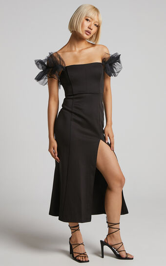 Marcelita Midi Dress - Ruffle Sleeve Thigh Split Dress in Black