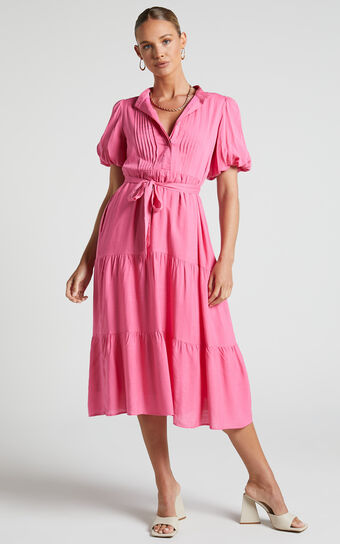 Lenessia Midi Dress - Puff Sleeve Collared Smock Dress in Hot Pink