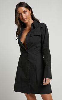 Ashima Mini Dress - A-line Panelled Shirt Dress in Black