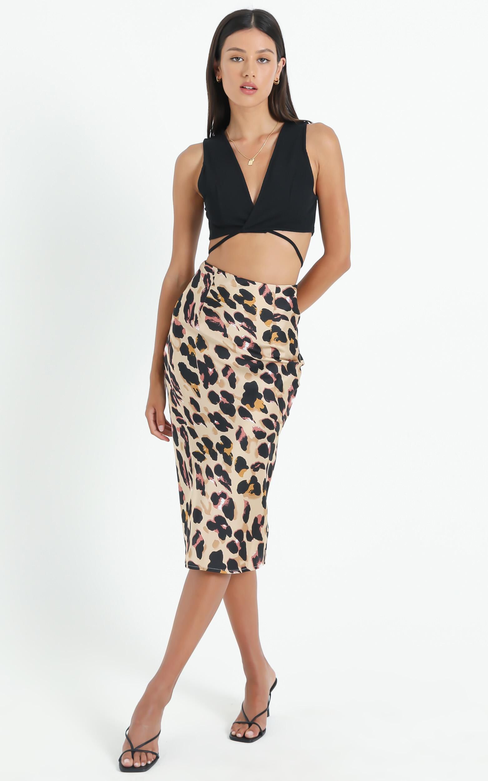 Wild Spirit Midi Skirt in Leopard Print Satin - 08, BRN1