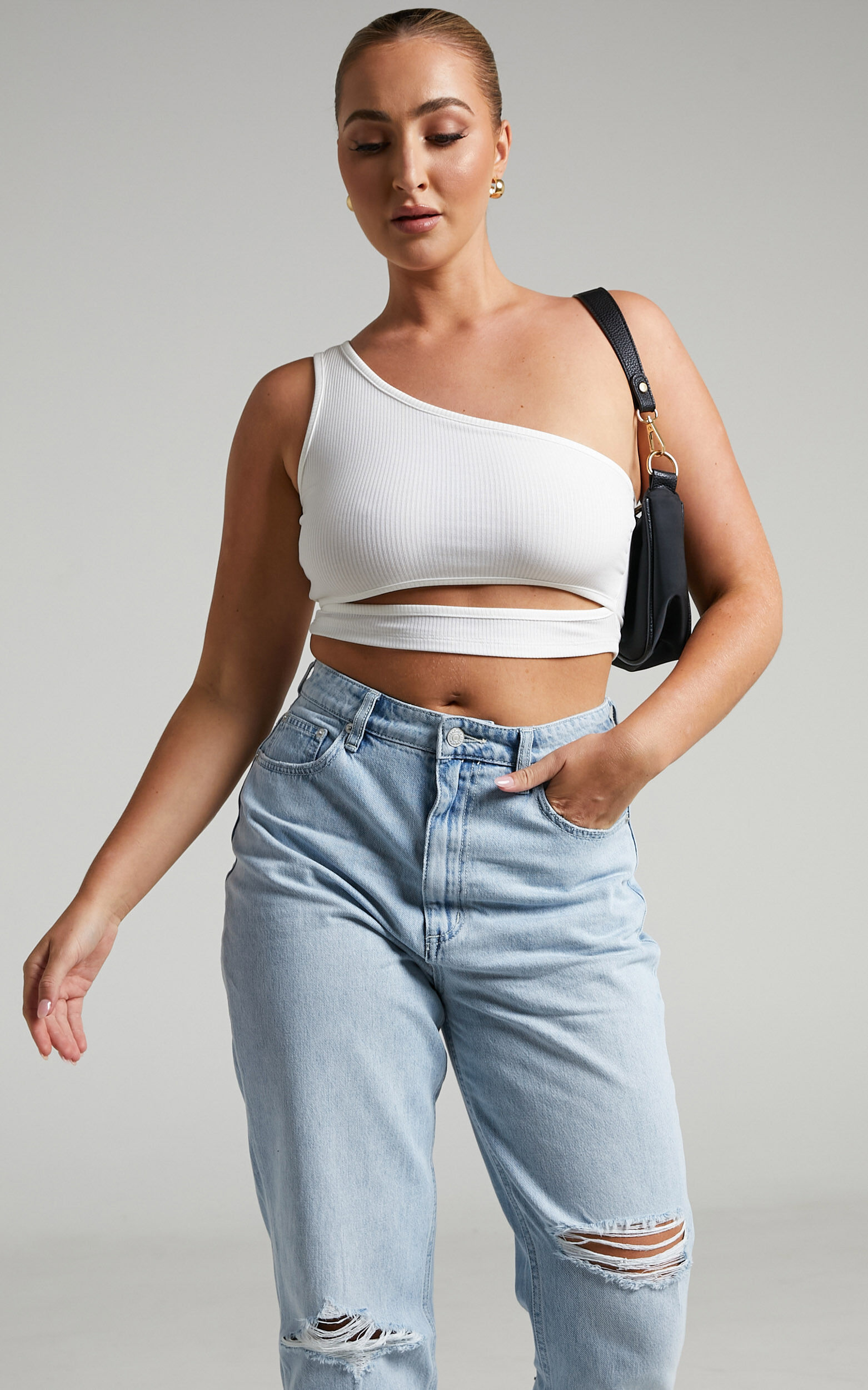 Joellyn Asymmetric Front Cut Out Ribbed Crop Tank in White - 06, WHT2, super-hi-res image number null