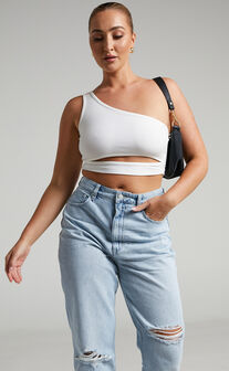 Joellyn Asymmetric Front Cut Out Ribbed Crop Tank in White