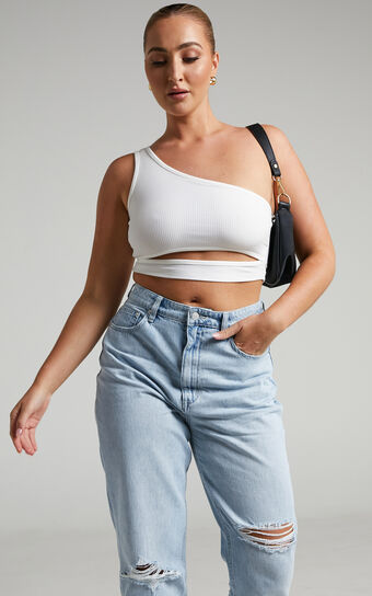 Joellyn Asymmetric Front Cut Out Ribbed Crop Tank in White