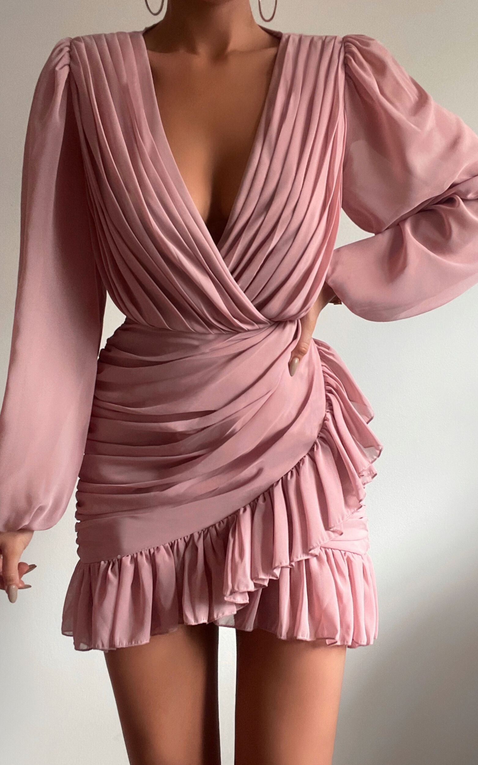 Can I Be Your Honey Mini Dress - Plunge Balloon Sleeve Dress in Dusty Pink - 08, PNK1