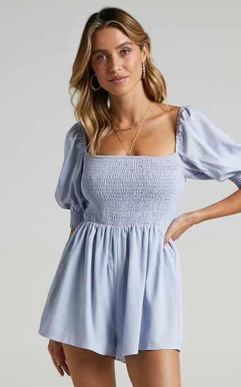 Take Action Playsuit in Light Blue Linen Look