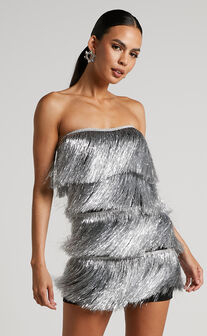 Dina Mini Dress - Strapless Fringe Tier Dress in Silver