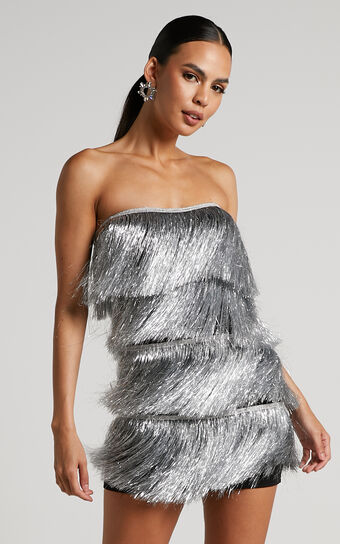 Dina Mini Dress - Strapless Fringe Tier Dress in Silver