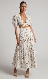 Cecelia Midi Dress - Plunge Neck Puff Sleeve Patterned Dress in Beige Palm
