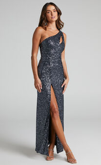 Rehyna One Shoulder Asymmetric Cut Out Sequin Maxi Dress in Black
