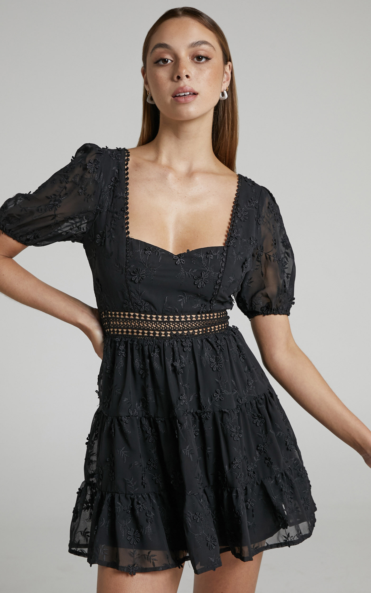 Deiene Lace Trim Broderie Tiered Mini Dress in Black - 04, BLK1, super-hi-res image number null