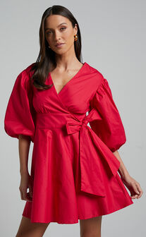 Zyla Mini Dress - Puff Sleeve Wrap Dress in Red