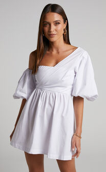 Sula Mini Dress - Asymmetric Off One Shoulder Puff Sleeve Dress in White