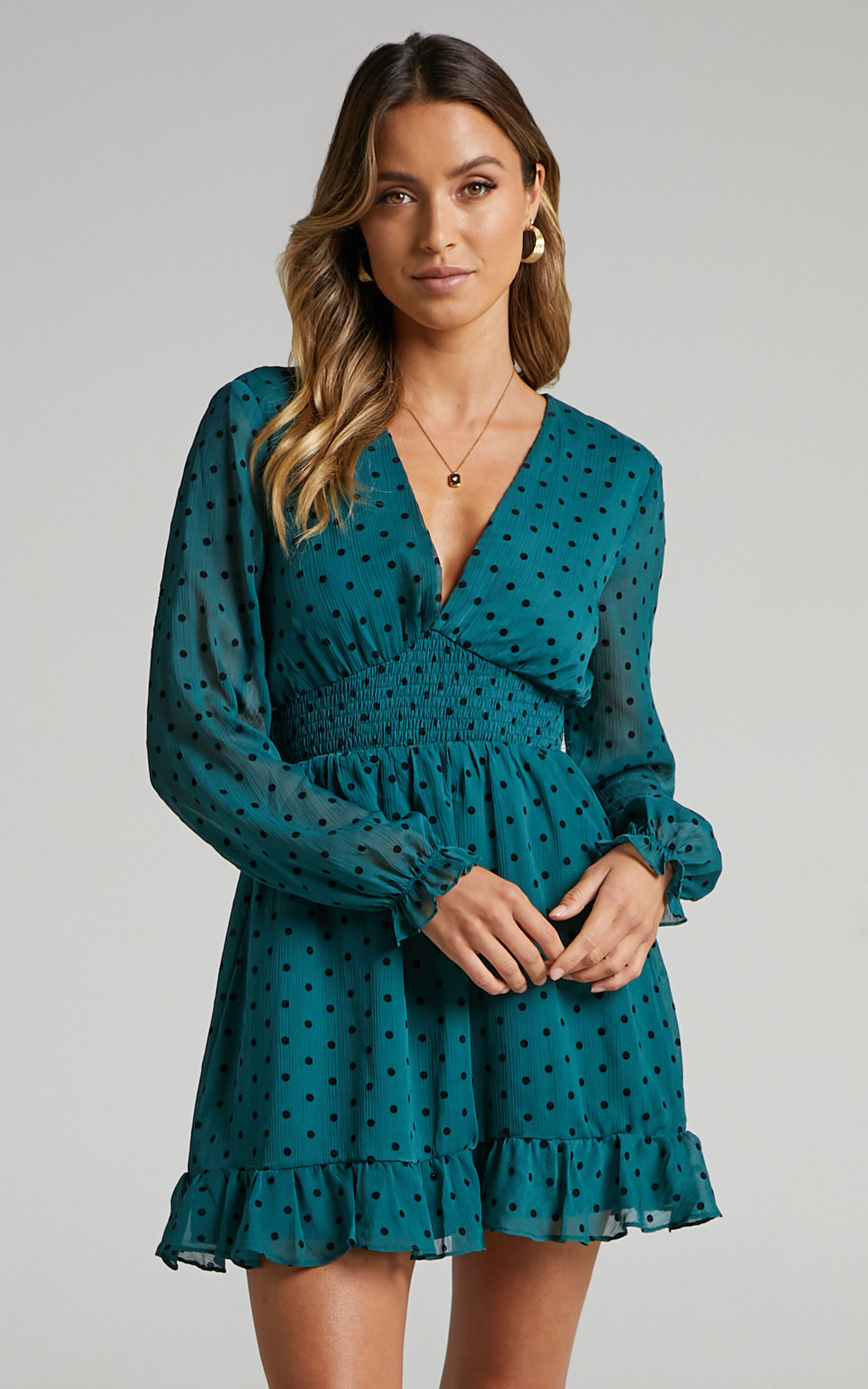Pretty As You Long Sleeve Mini Dress in Emerald Spot - 04, GRN2, super-hi-res image number null