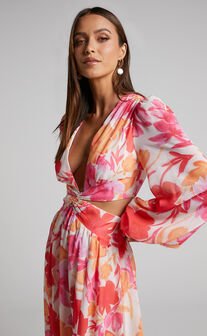 Emilee Midaxi Dress -  Side Cut Out Long Sleeve Plunge Dress in Pink Floral
