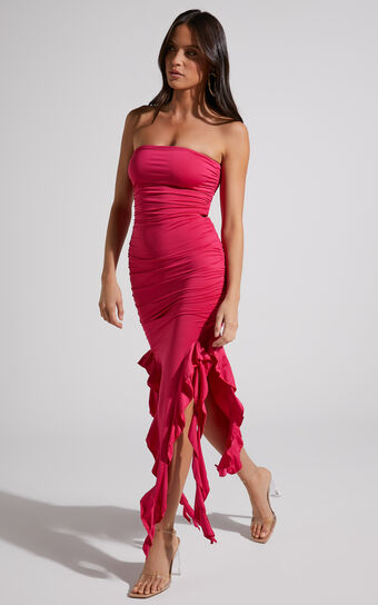 Jamie Ruched Strapless Side Split Frill Midi Dress in Cherry Pink