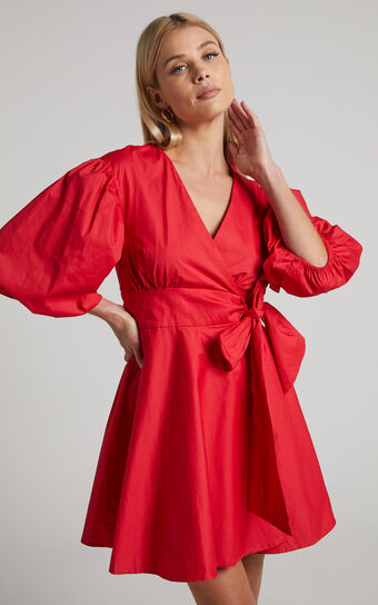 Zyla Puff Sleeve Wrap Mini Dress in Red
