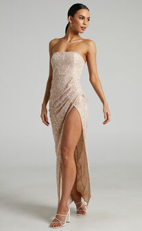 Lucinda Strapless High Split Maxi Dress in Beige and White Lace