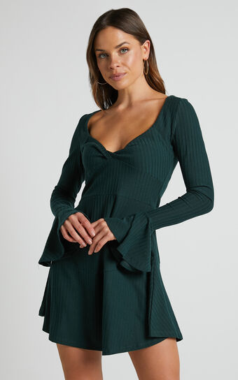 Clarine Mini Dress - Twist Front Dress in Dark Green