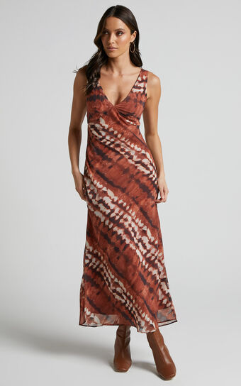 Aizelle Midaxi Dress - V Neck Dress in Brown Tie Dye