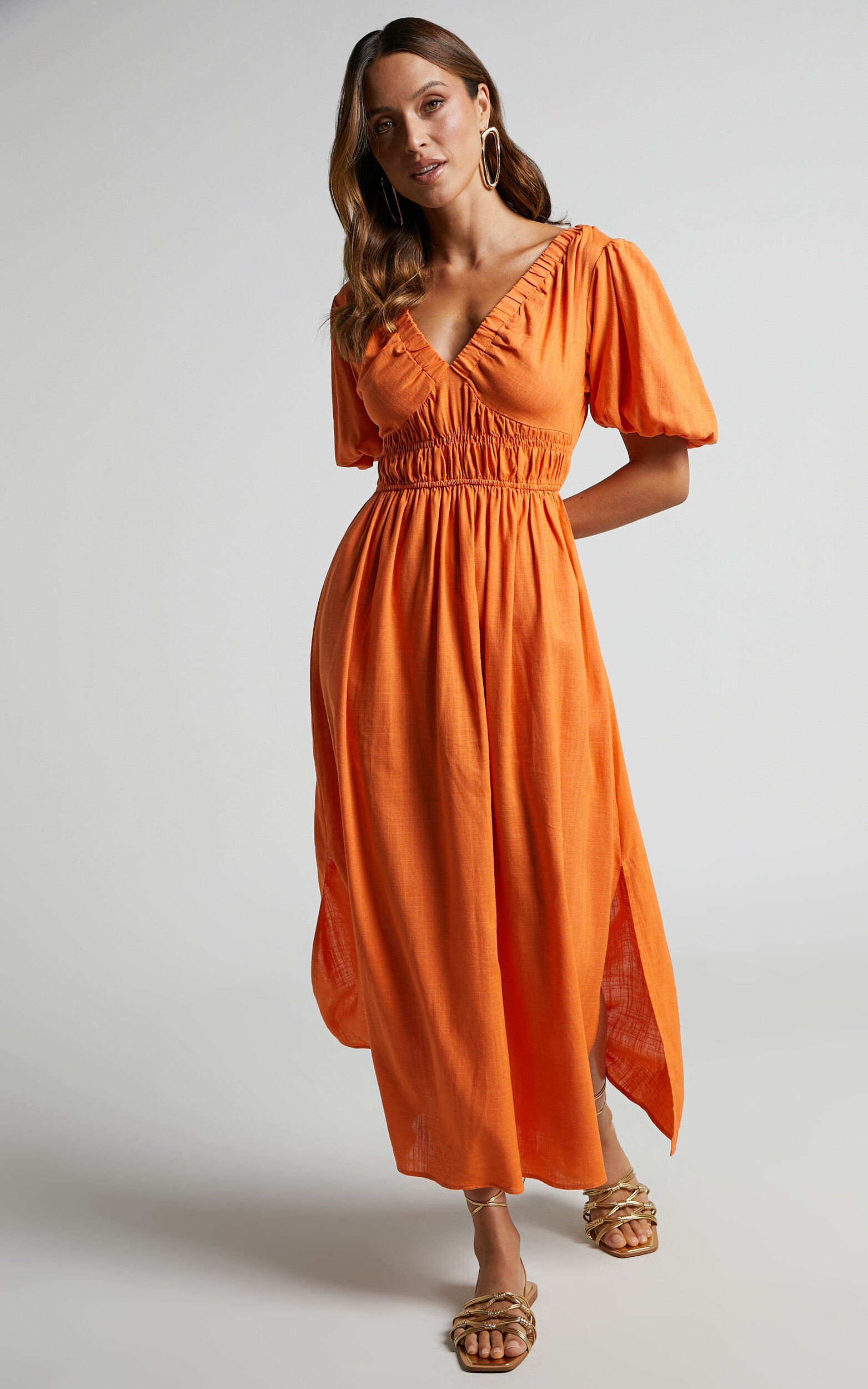 Lorella Midi Dress - Puff Sleeve Plunge Neck Dress in Orange - 06, ORG2, super-hi-res image number null