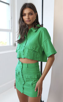 Navine Two Piece Set - Button Front Crop Top and Cargo Pocket Mini Skirt Set in Green