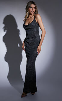 Aijelleth Midaxi Dress - Glitter Cowl Dress in Black