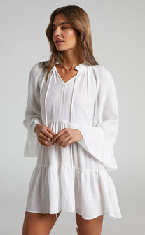 Abrera V Neck Long Sleeve Tiered Mini Dress in White